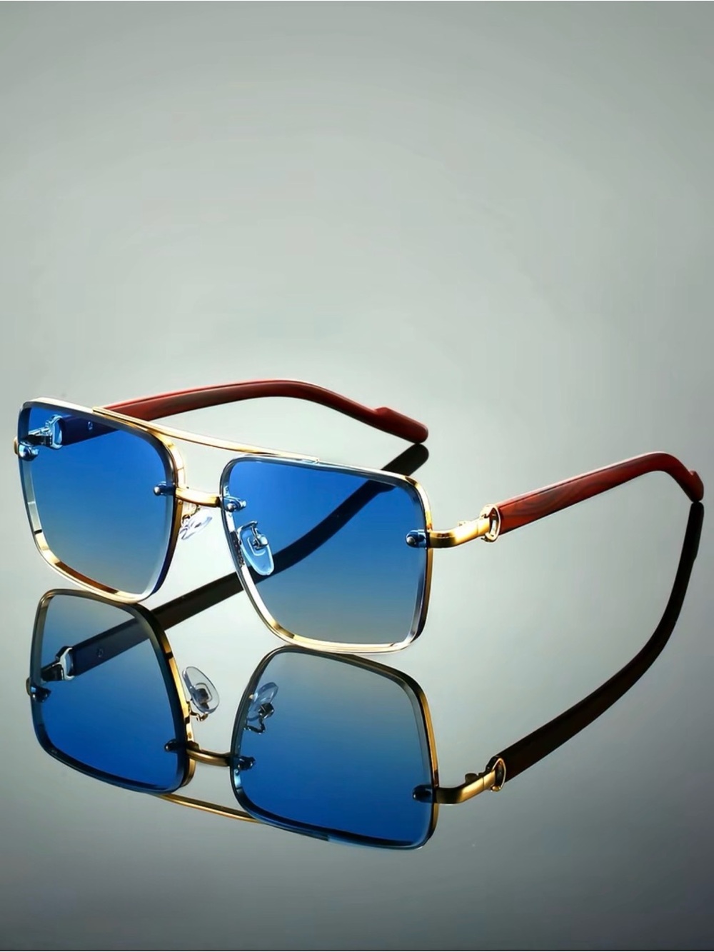 Gold-Frame Blue Lens Men’s Sunglasses with Brown Temple Tips